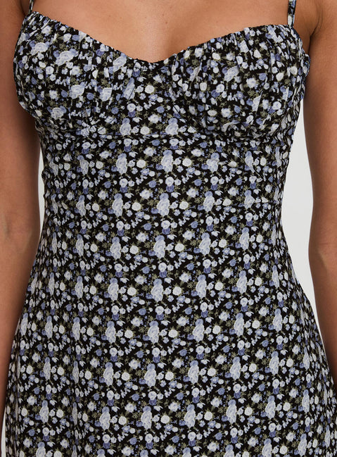back view of model wearing Princess Polly Draven Mini Dress Black Multi Sweetheart Neckline 