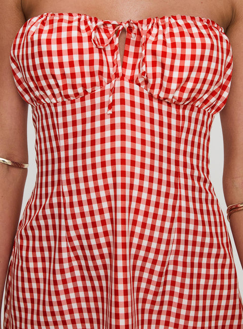 back view of model wearing Princess Polly Double Date Mini Dress Red Gingham Straight Neck 