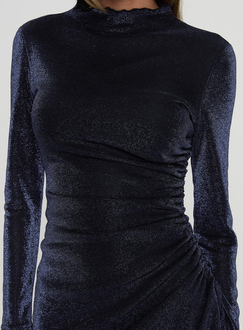 back view of model wearing Princess Polly Souza Long Sleeve Mini Dress Navy High Neck 