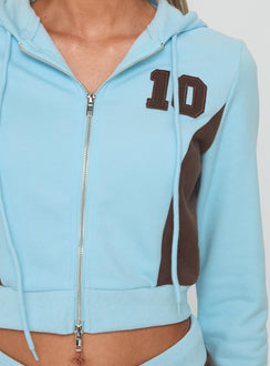 back view of model wearing Princess Polly Notable Double Zipper Jumper Blue cropped 