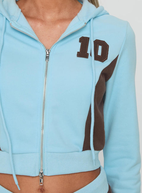back view of model wearing Princess Polly Notable Double Zipper Jumper Blue cropped 