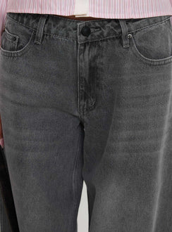 back view of model wearing Princess Polly Ramos Low Rise Denim Jeans Grey Wash Mid Rise 