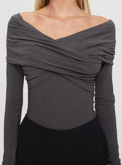 back view of model wearing Princess Polly Sundlow Off Shoulder Bodysuit Slate Long Sleeve Tops 