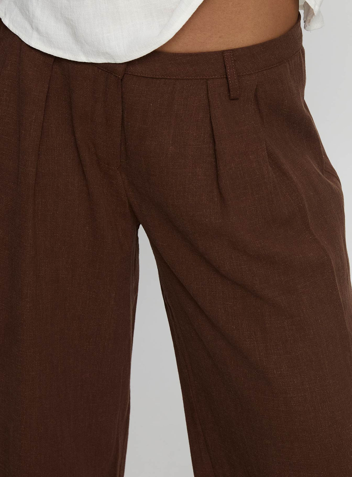 back view of model wearing Princess Polly Vianca Low Rise Linen Pant Chocolate High Waisted Pants 
