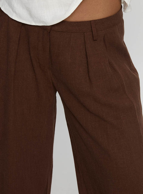 back view of model wearing Princess Polly Vianca Low Rise Linen Pant Chocolate High Waisted Pants 
