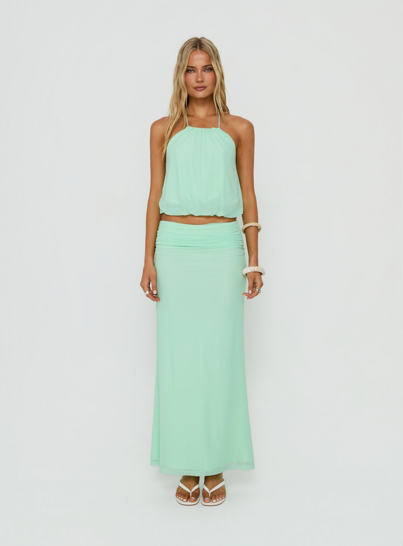 Featuring the Wild Dune Ruched Waist Maxi Skirt Green womens-skirts in maxi length product Princess Polly