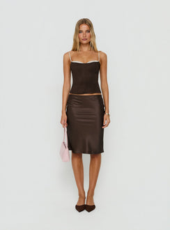 Featuring the Somani Satin Midi Skirt Chocolate womens-skirts in fitted slit midi length product Princess Polly