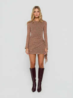 Avenor Long Sleeve Tie Detail Mini Dress Brown / Yellow Stripe