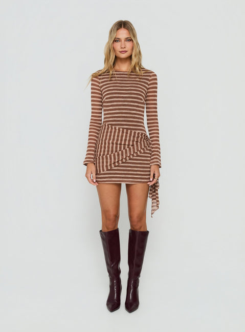 Avenor Long Sleeve Tie Detail Mini Dress Brown / Yellow Stripe