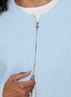 back view of model wearing Princess Polly Lexene Zip Through Jumper Baby Blue Longline Jumpers 