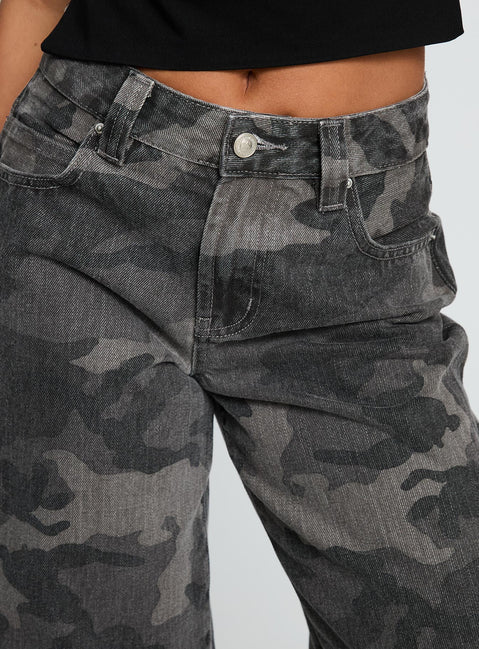 back view of model wearing Princess Polly Big Talk Mid Rise Straight Leg Jeans Grey Washed Camo Mid Rise Jeans Jeans 