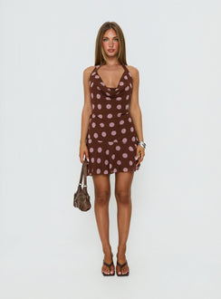 Karolie Halter Plunge Mini Dress Brown / Lilac Polka Dot