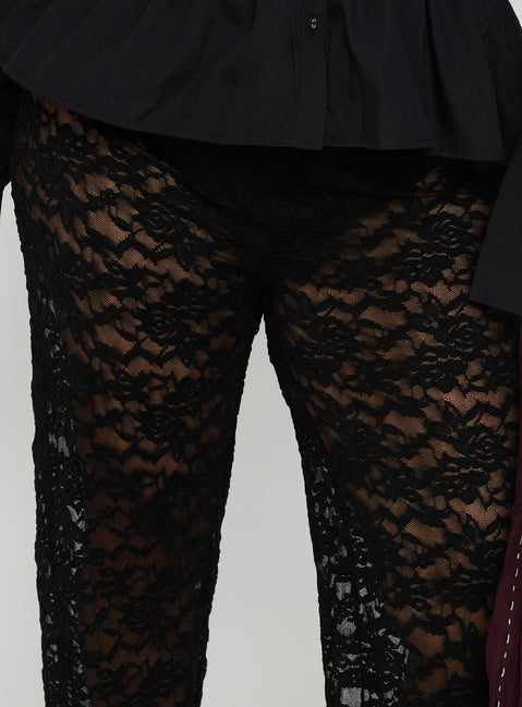 back view of model wearing Princess Polly Peru Lace Pants Black Curve High Waisted Pants 