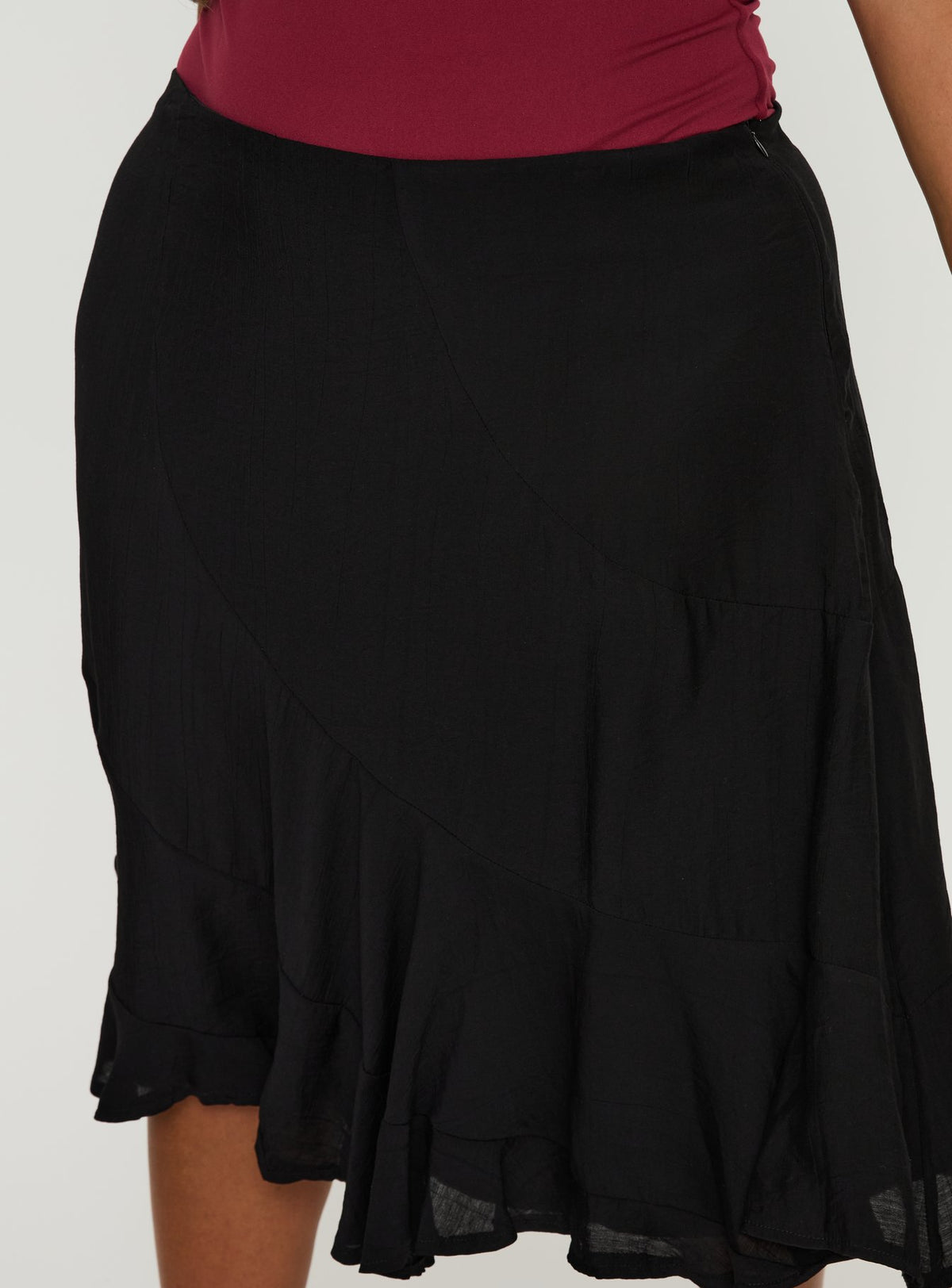 back view of model wearing Princess Polly With Kindness Midi Skirt Black Curve Midi Skirts 