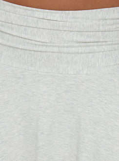 Showcasing the Mimmi Asymmetrical Midi Skirt Grey womens-skirts with ruched fitted design and frayed hem Princess Polly