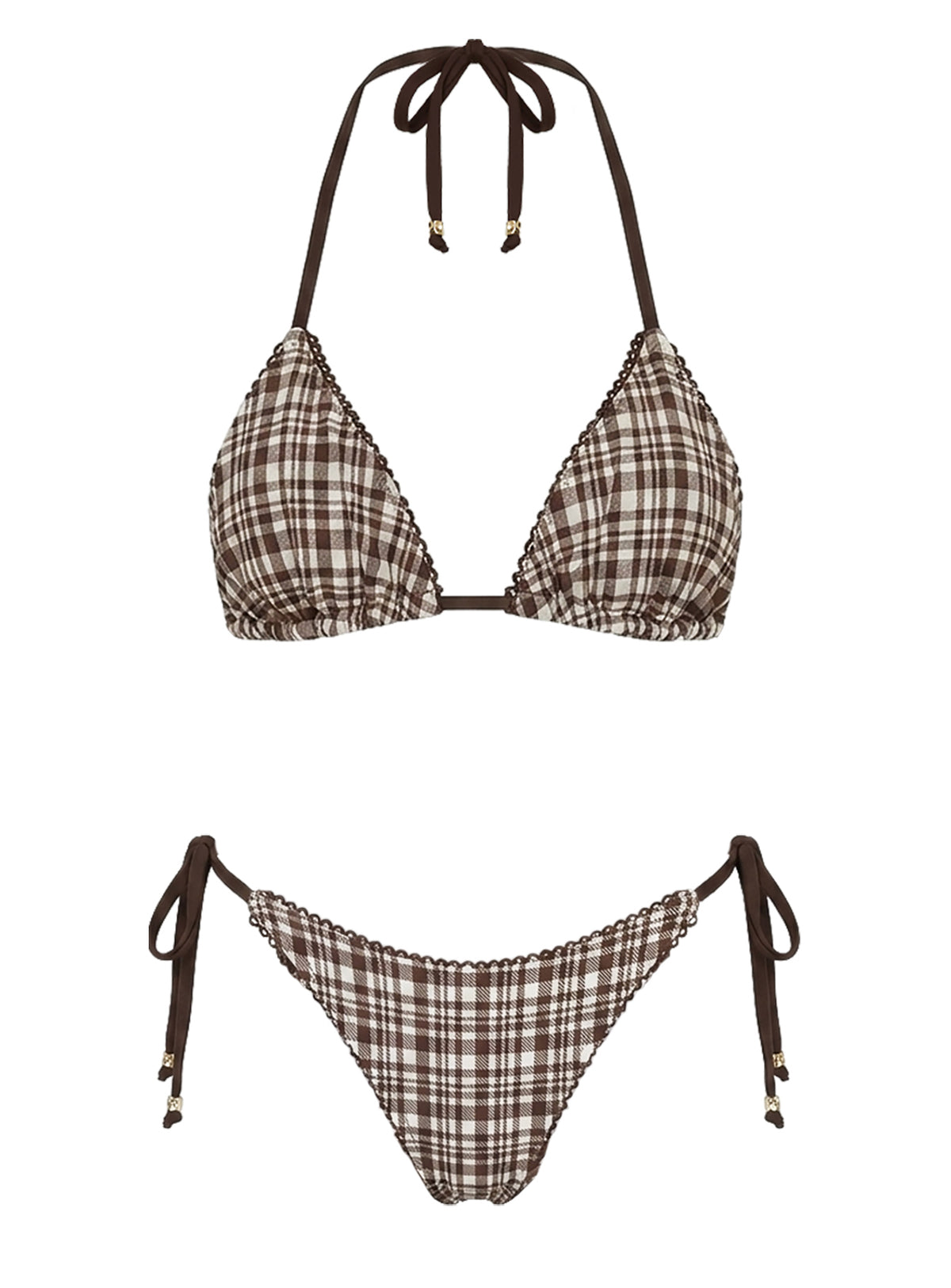 Nevaeh Triangle Ribbed Bikini Top Brown Check