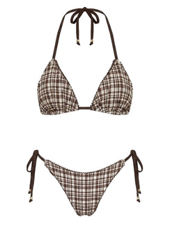 Nevaeh Triangle Ribbed Bikini Top Brown Check
