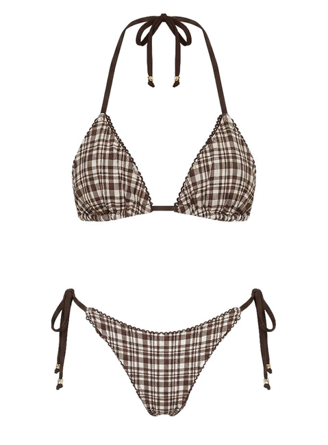 Nevaeh Triangle Ribbed Bikini Top Brown Check