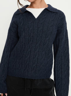 side view of model wearing Princess Polly Brodey Collared Cable Knit Sweater Navy 