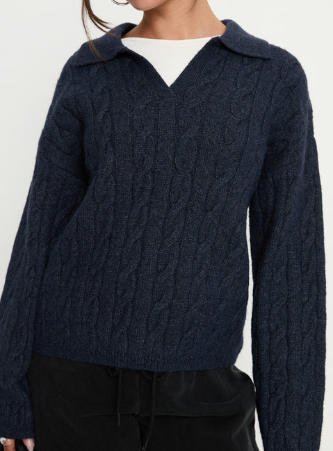 side view of model wearing Princess Polly Brodey Collared Cable Knit Sweater Navy 