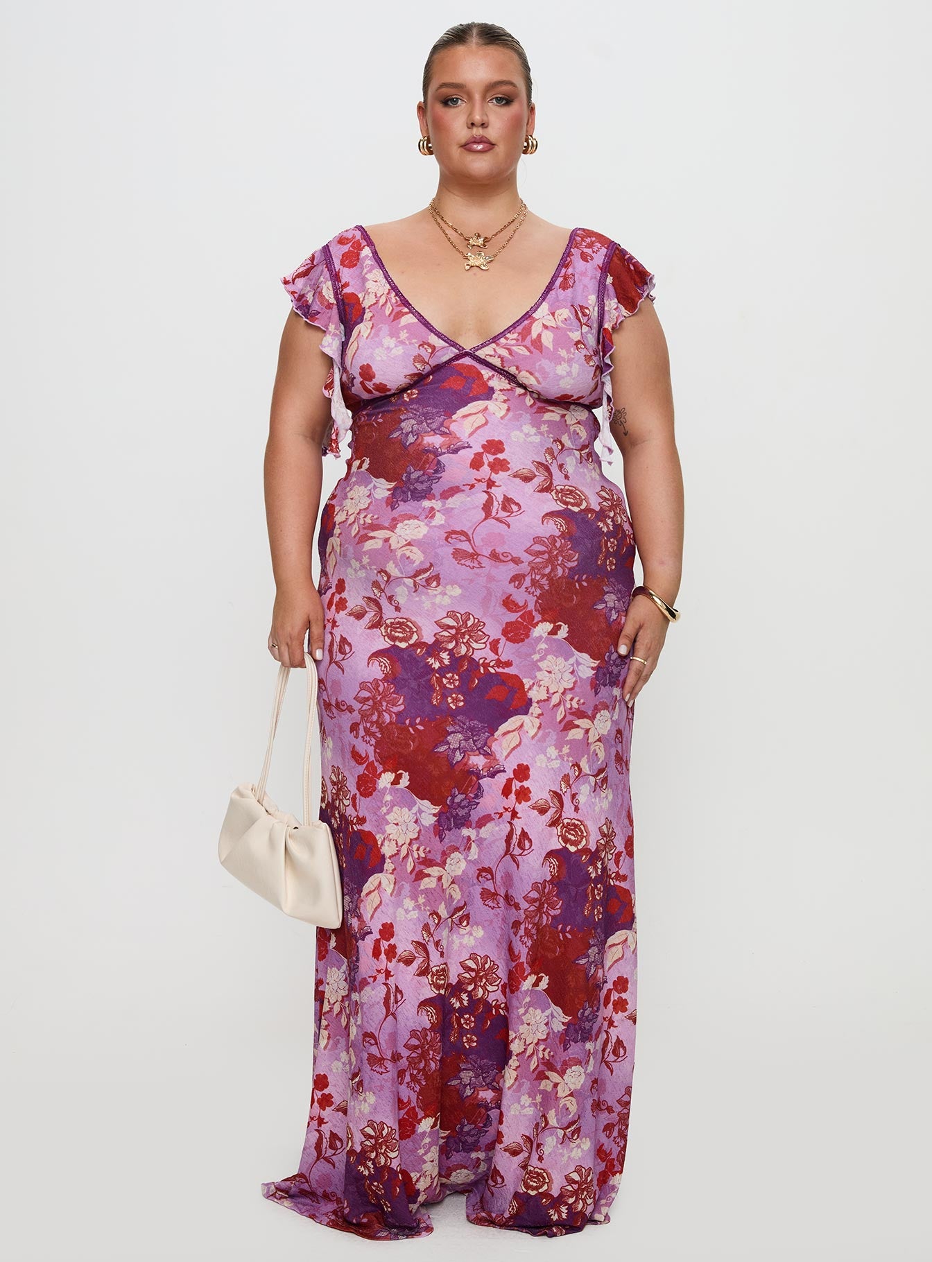 front view of model wearing Princess Polly Soleila Maxi Dress Purple Multi Curve Plunger 