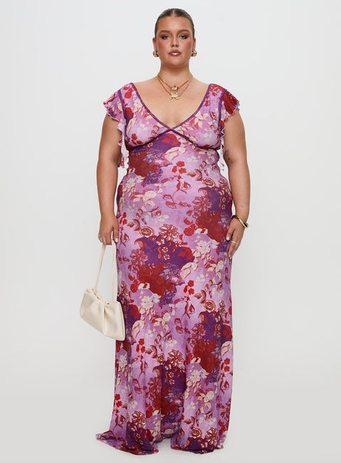 front view of model wearing Princess Polly Soleila Maxi Dress Purple Multi Curve Plunger 
