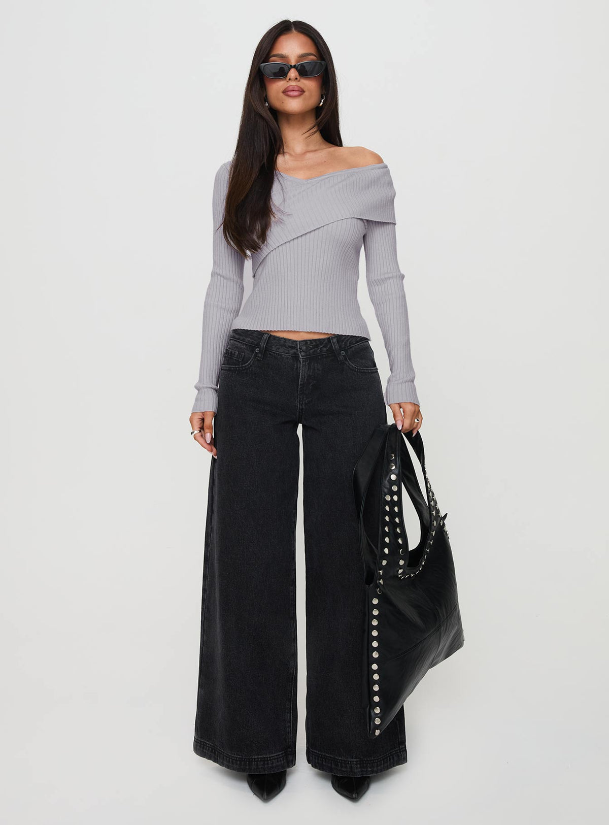front view of model wearing Princess Polly Nolia Long Sleeve Top Grey Full Sleeves Asymmetric Neckline 