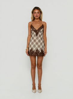 Call My Lover Lace Slip Mini Dress Brown Check