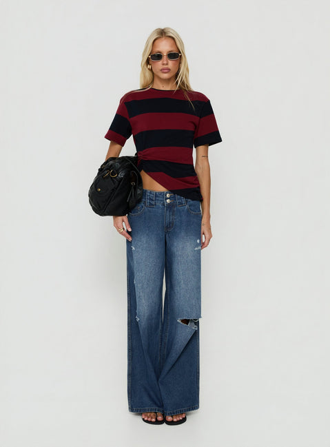 Ramos Low Rise Double Button Distressed Wide Leg Jeans Mid Blue
