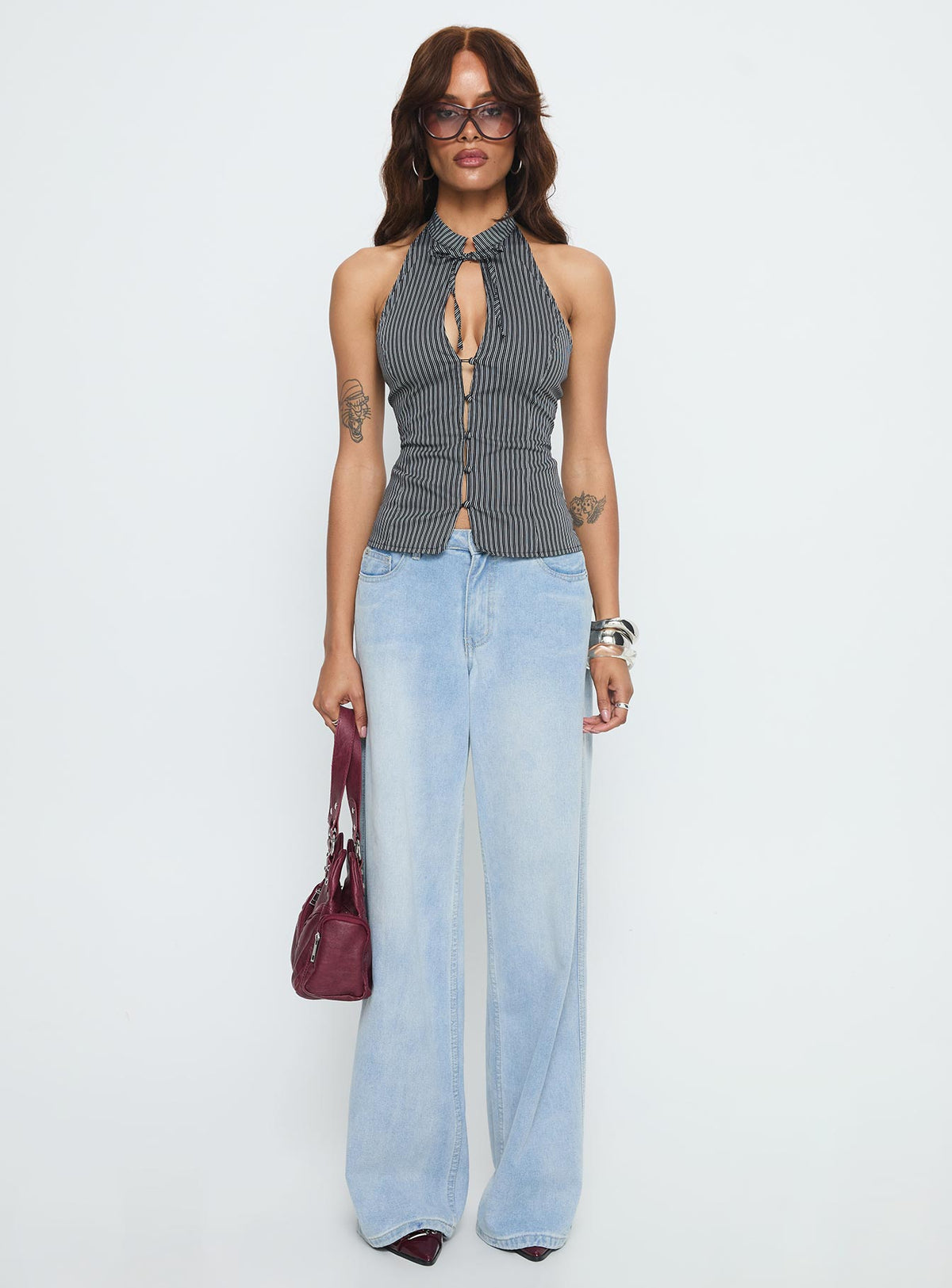 Tiarra Keyhole Sleeveless Top Black Stripe