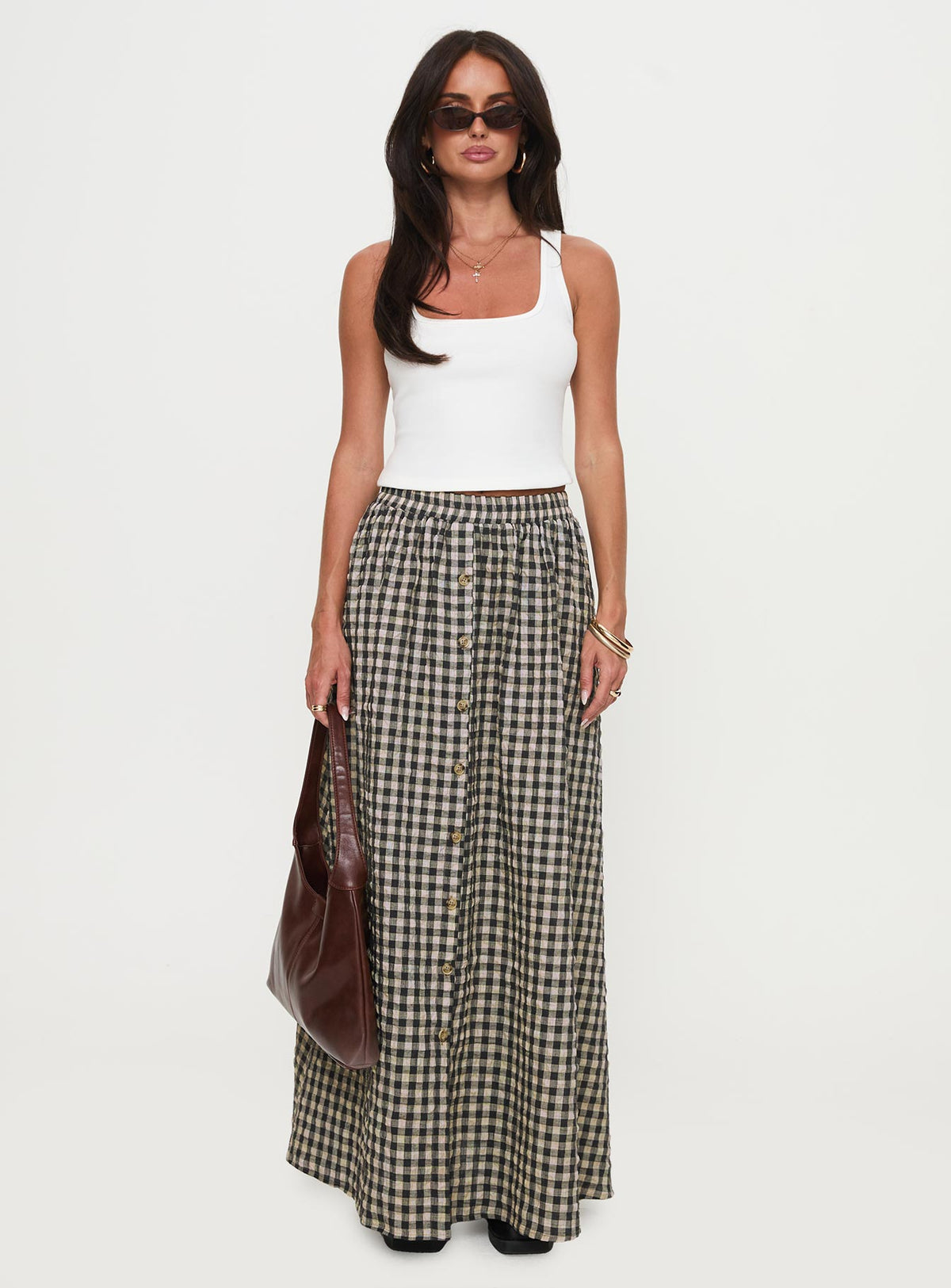   side view of model wearing Princess Polly Cartmel Check Maxi Skirt Black / Cream Maxi Skirts Skirts 