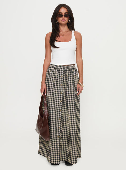  side view of model wearing Princess Polly Cartmel Check Maxi Skirt Black / Cream Maxi Skirts Skirts 
