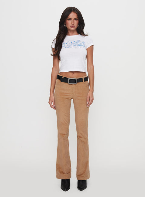 front view of model wearing Princess Polly Troubadour Low Waist Jeans Tan Pants 