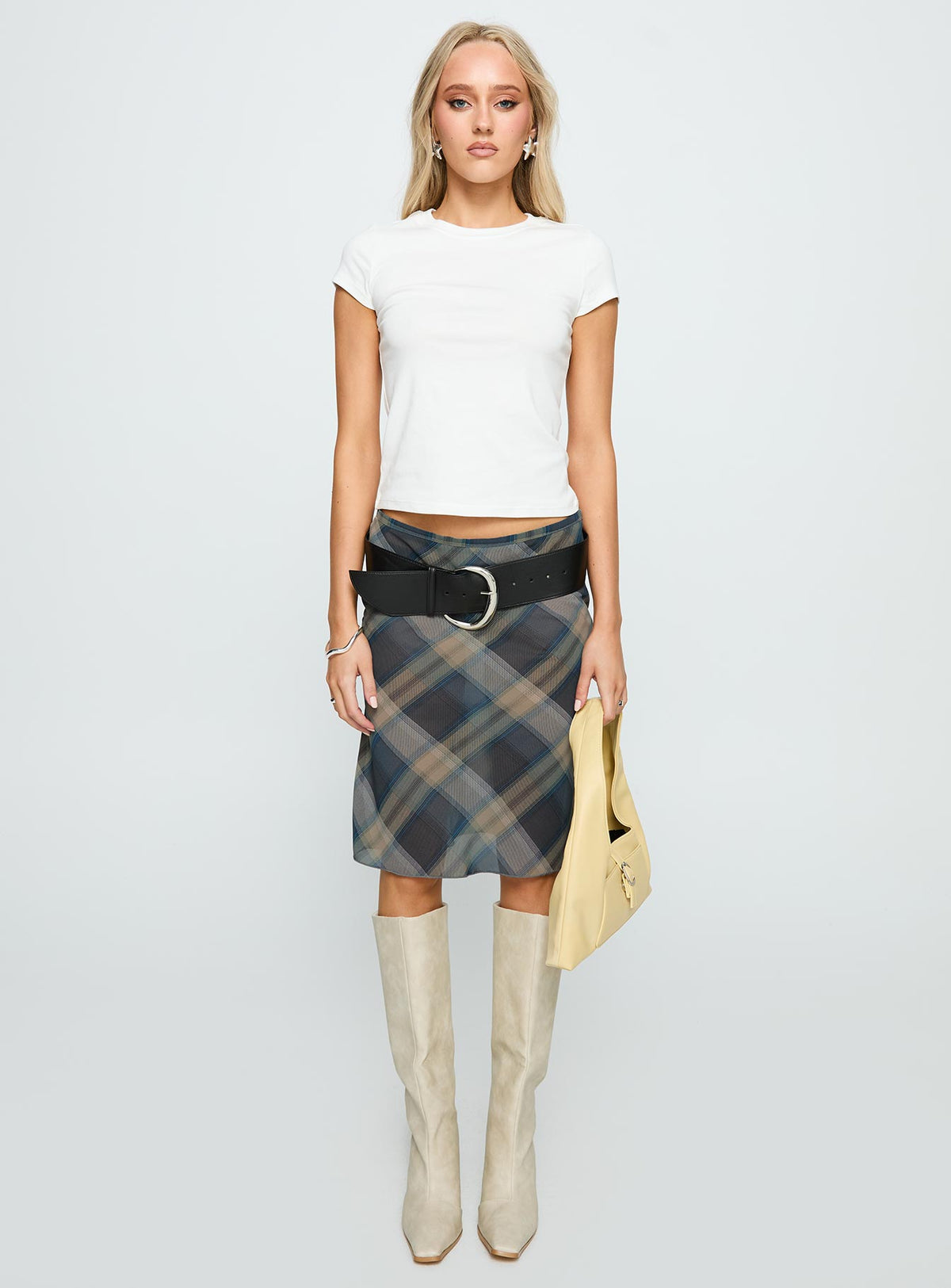   side view of model wearing Princess Polly Shoreline Midi Skirt Blue Check 
