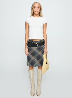   side view of model wearing Princess Polly Shoreline Midi Skirt Blue Check 