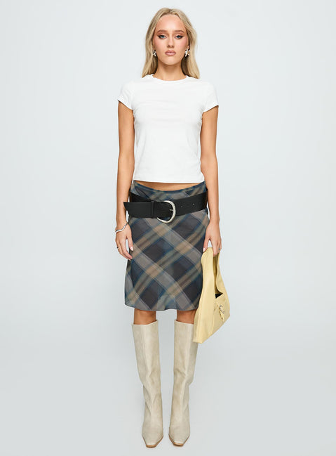   side view of model wearing Princess Polly Shoreline Midi Skirt Blue Check 
