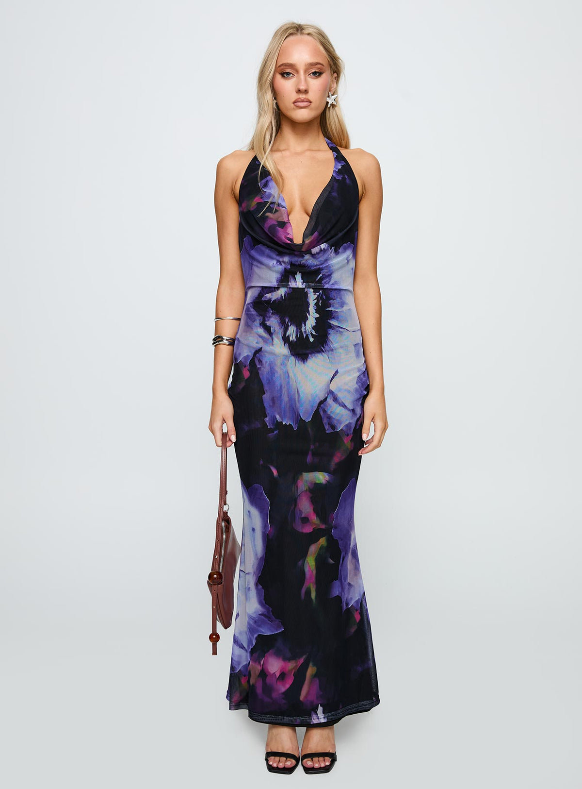 front view of model wearing Princess Polly Bittersuite Cowl Maxi Dress Black Cowl Neck 