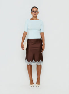 Crafted with elegance, Miriza Lace Trim Midi Skirt Chocolate / Blue womens-skirts in fitted a-line silhouette front view of model wearing Princess Polly