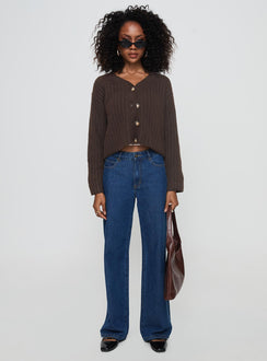back view of model wearing Princess Polly Romona Knit Cardigan Chocolate Cropped 