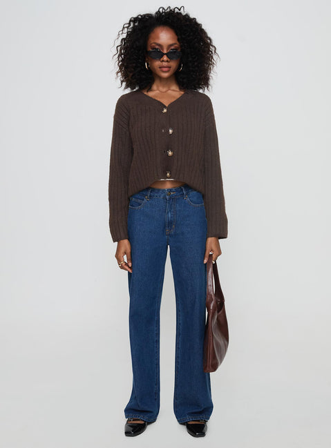 back view of model wearing Princess Polly Romona Knit Cardigan Chocolate Cropped 