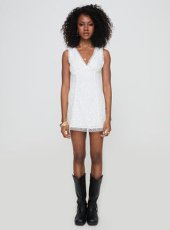 back view of model wearing Princess Polly Gimmie Mini Dress White V-Neck 