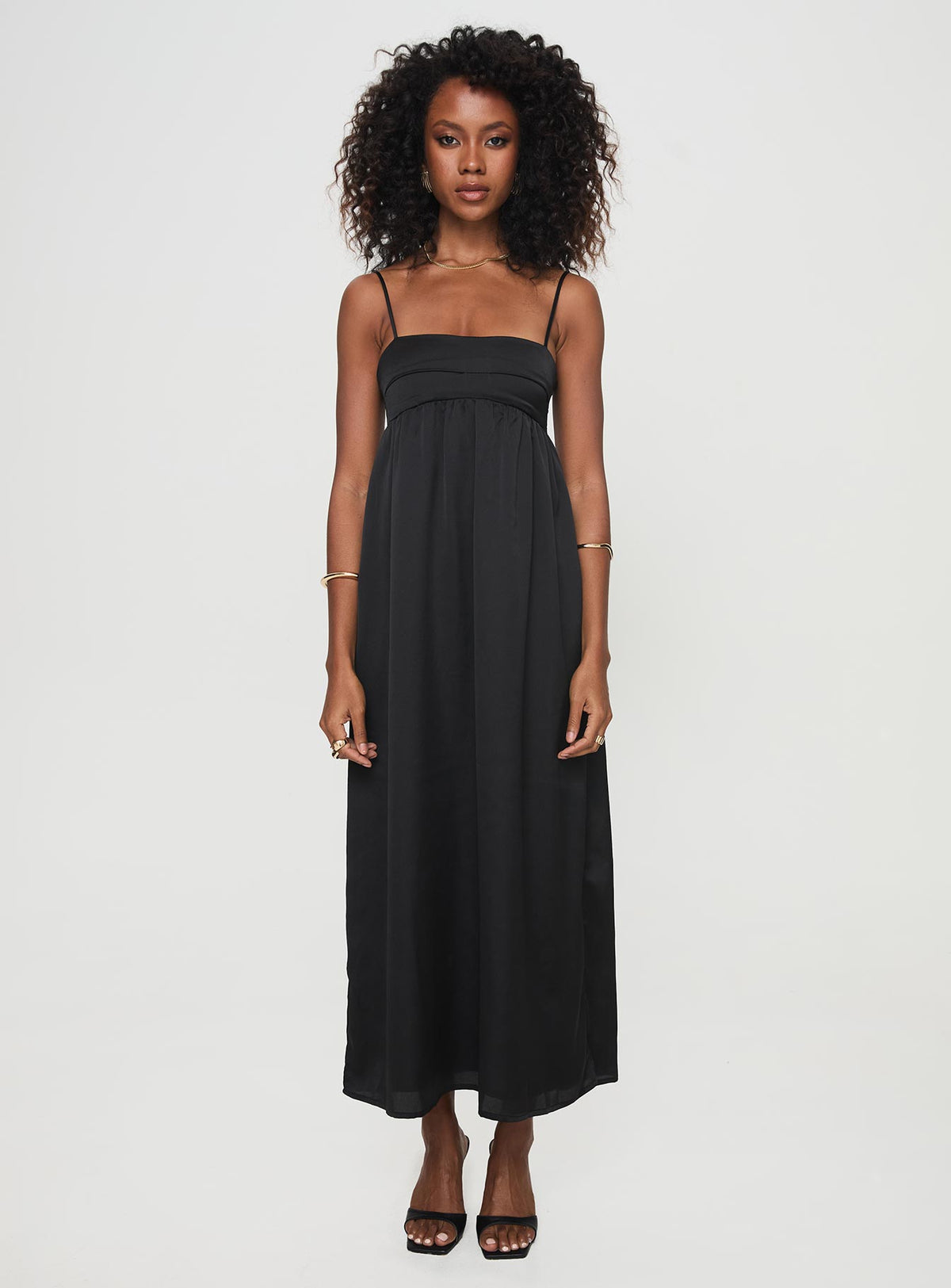 back view of model wearing Princess Polly Ortega Maxi Dress Black Square Neck 