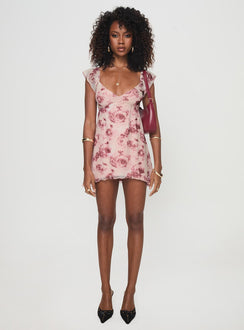 side view of model wearing Princess Polly Trigg Mini Dress Pink Floral Plunger 
