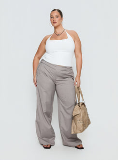 side view of model wearing Princess Polly Just Have Fun Wide Leg Pant Grey Curve Mid Rise Pants 
