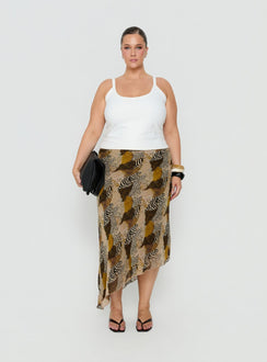Designed with the Suella Asymmetrical Midi Skirt Animal Multi Curve in womens-skirts featuring fitted silhouette and frayed hem in animal-leopard print Princess Polly