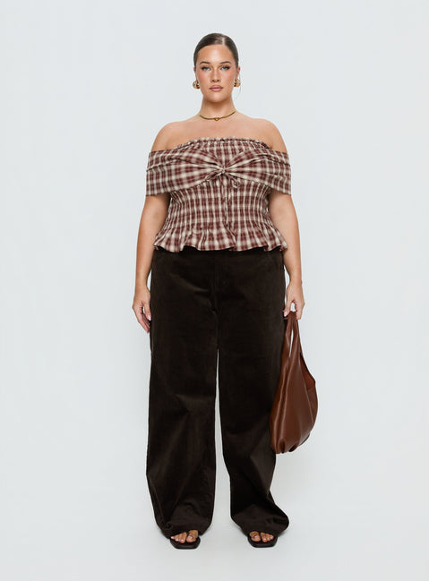 front view of model wearing Princess Polly Kenza Wide Leg Corduroy Pant Brown Curve Mid Rise Pants 