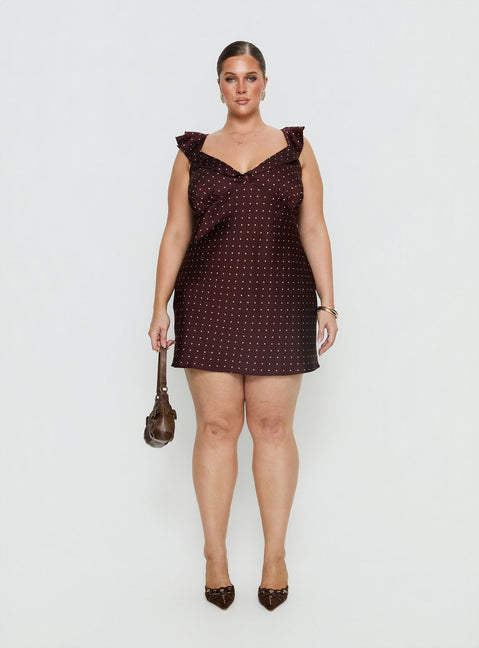 Kamillah Frill Mini Dress Burgundy Polka Dot Curve