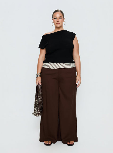 side view of model wearing Princess Polly Past Life Fold Over Waistband Pant Brown / Stripe Curve Mid Rise Pants 