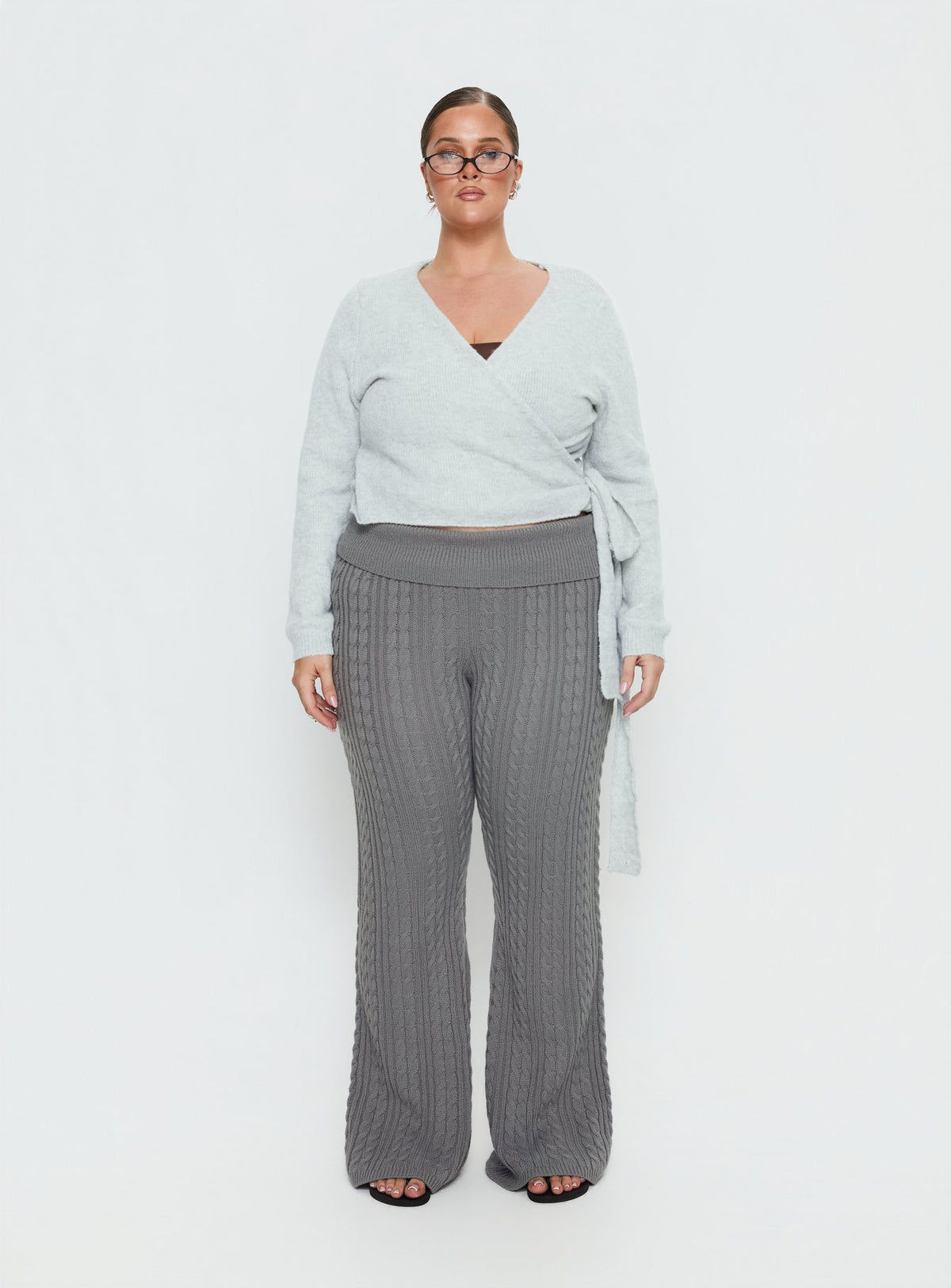 front view of model wearing Princess Polly Baleigh Cable Knit Foldover Pants Grey Curve High Rise Pants 