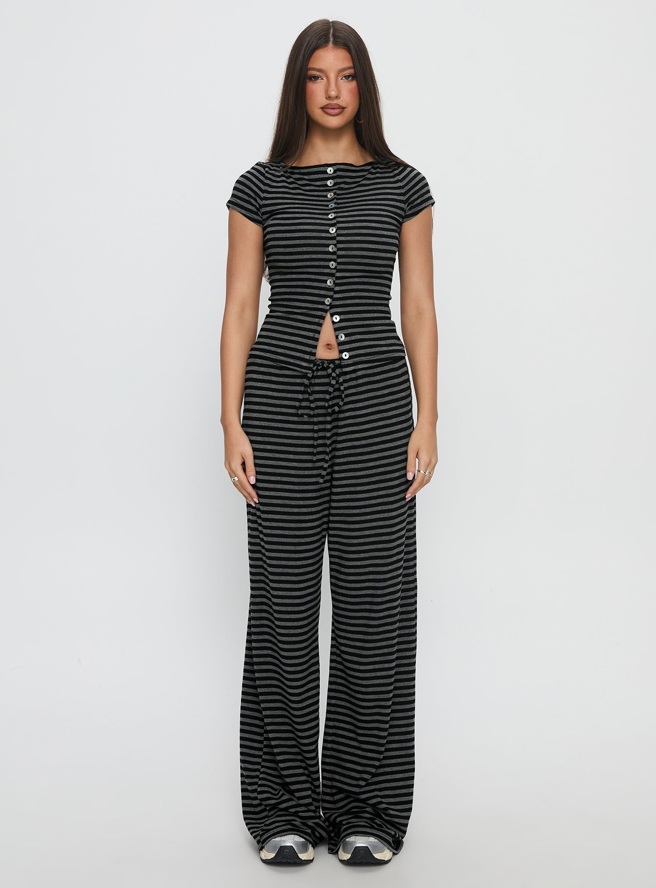 side view of model wearing Princess Polly Gavrielle Jersey Wide Leg Pants Stripe High Rise Pants 